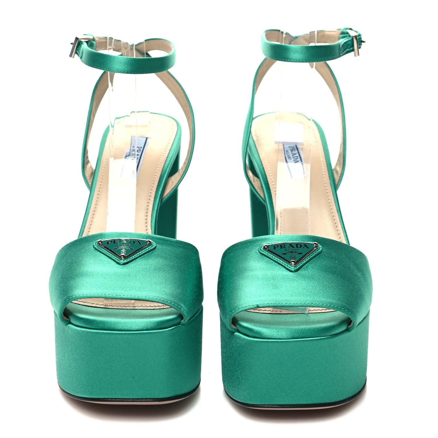 Prada Satin Metal Triangle Logo Ankle Strap 40/135mm Platform Sandals 38 Assenzio 2 of 9