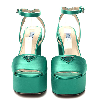 Prada Satin Metal Triangle Logo Ankle Strap 40/135mm Platform Sandals 38 Assenzio 2 of 9