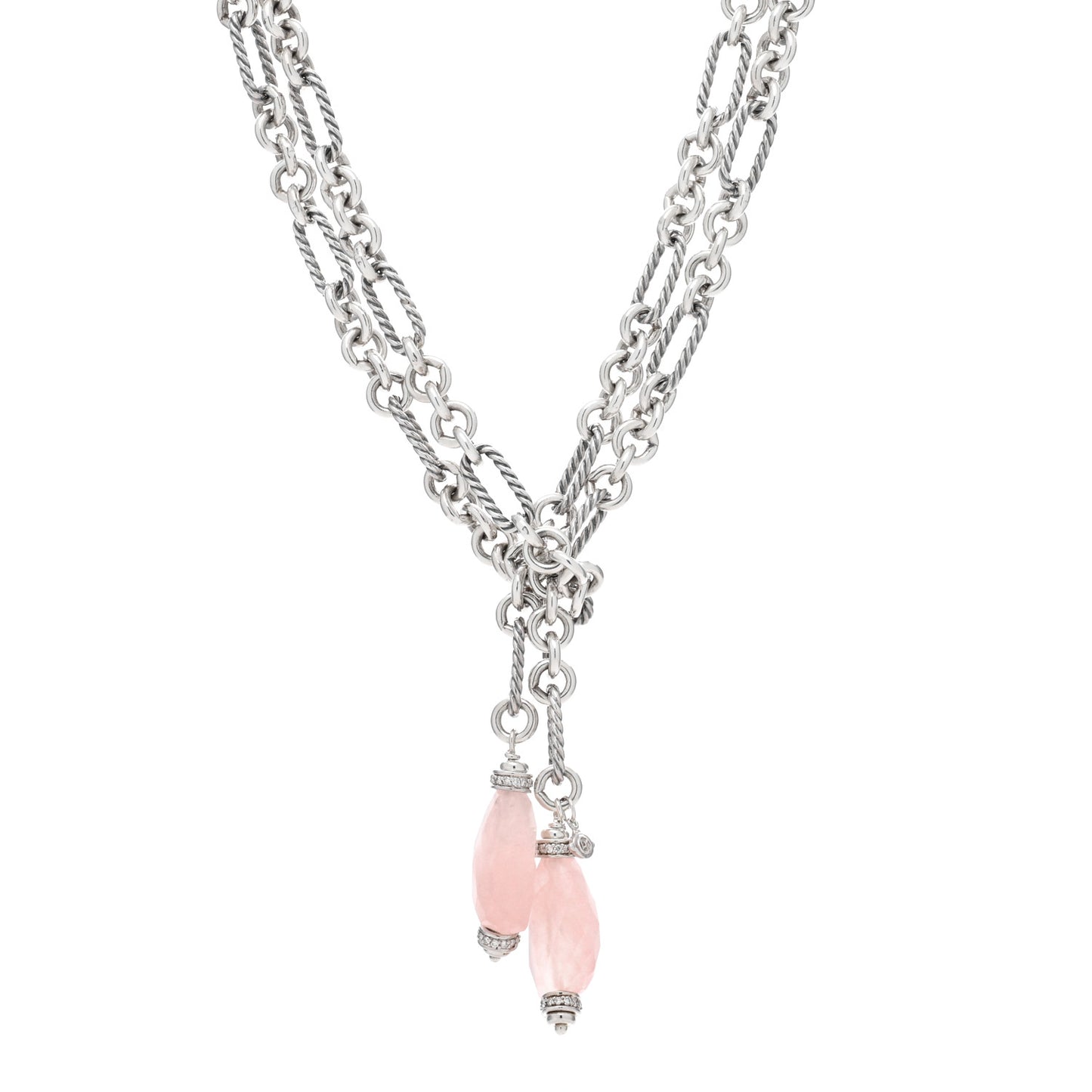 Sterling Silver Diamond Rose Quartz Figaro Lariat Necklace