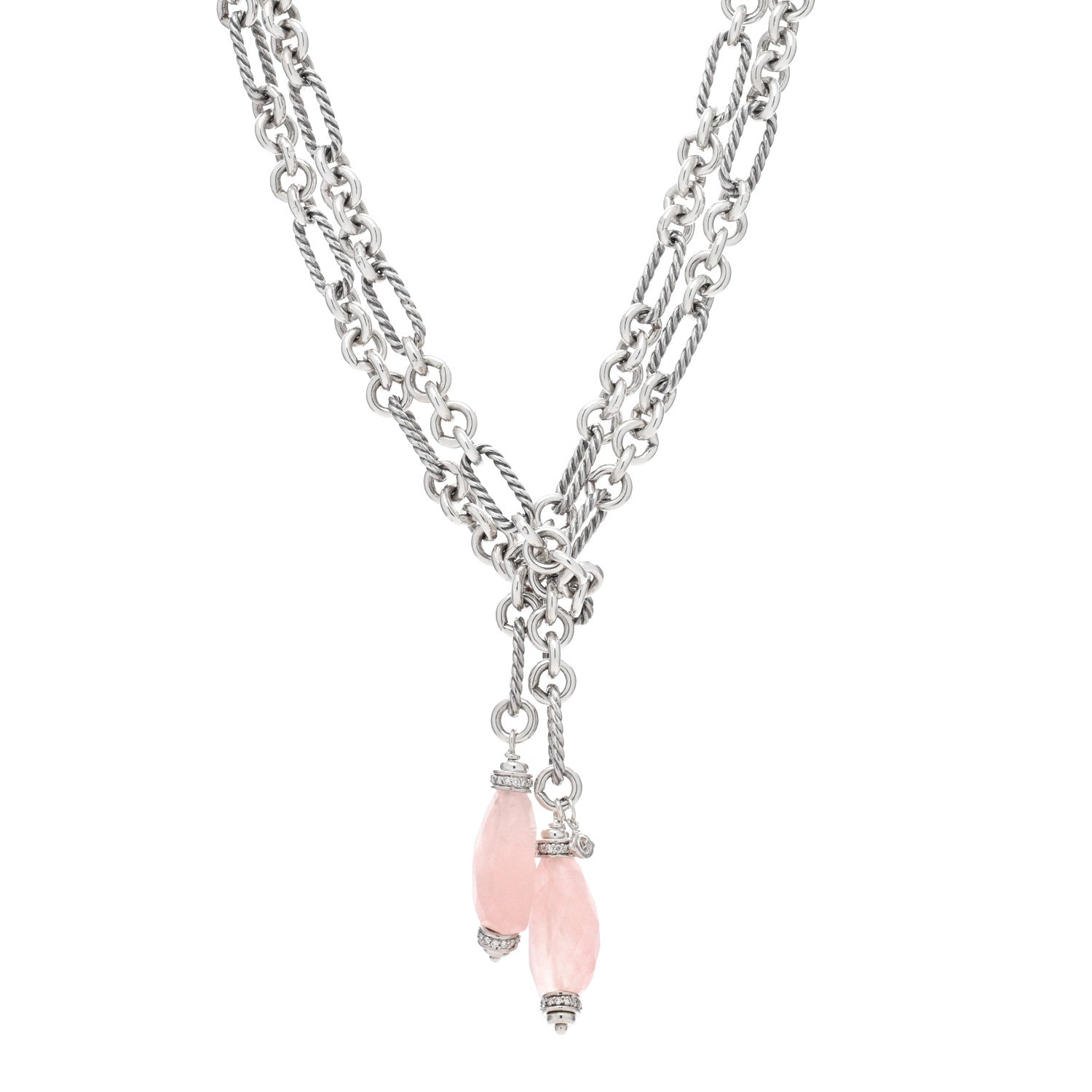 David Yurman Sterling Silver Diamond Rose Quartz Figaro Lariat Necklace 1 of 4