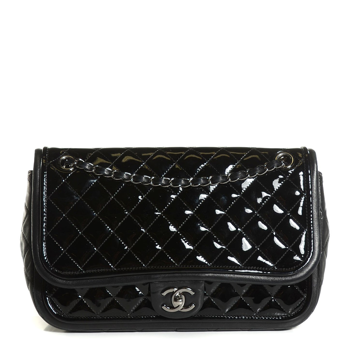 Patent Quilted Jumbo Classic Twist Flap Bag Black