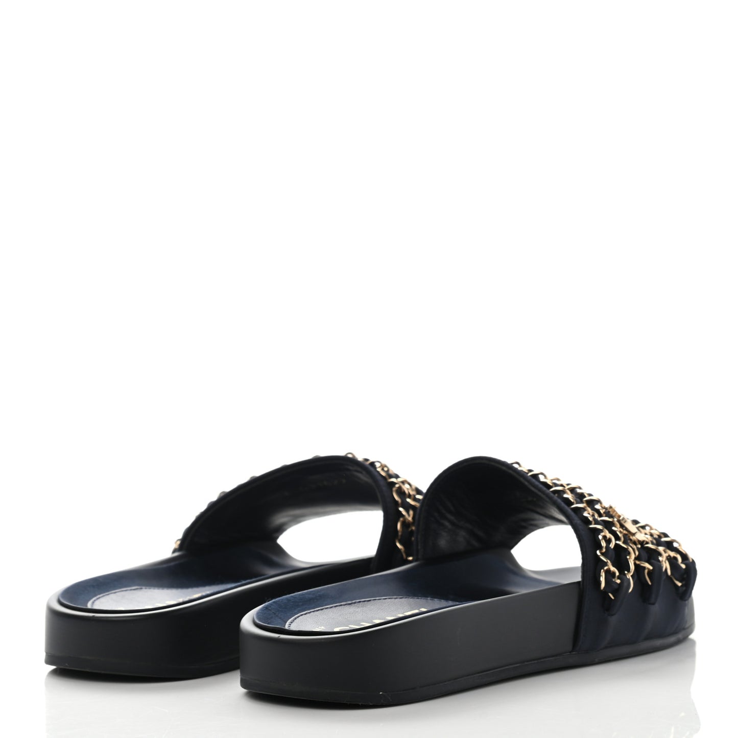 Satin Canvas Chain Slides Sandals Flats 35 Marine
