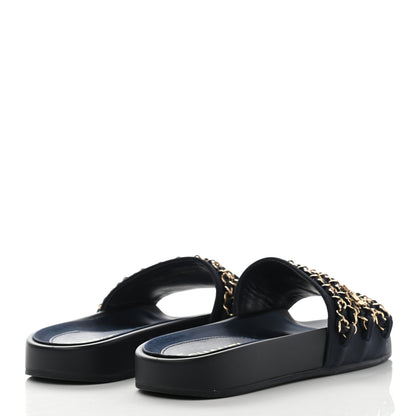 Chanel Satin Canvas Chain Slides Sandals Flats 35 Marine 4 of 9