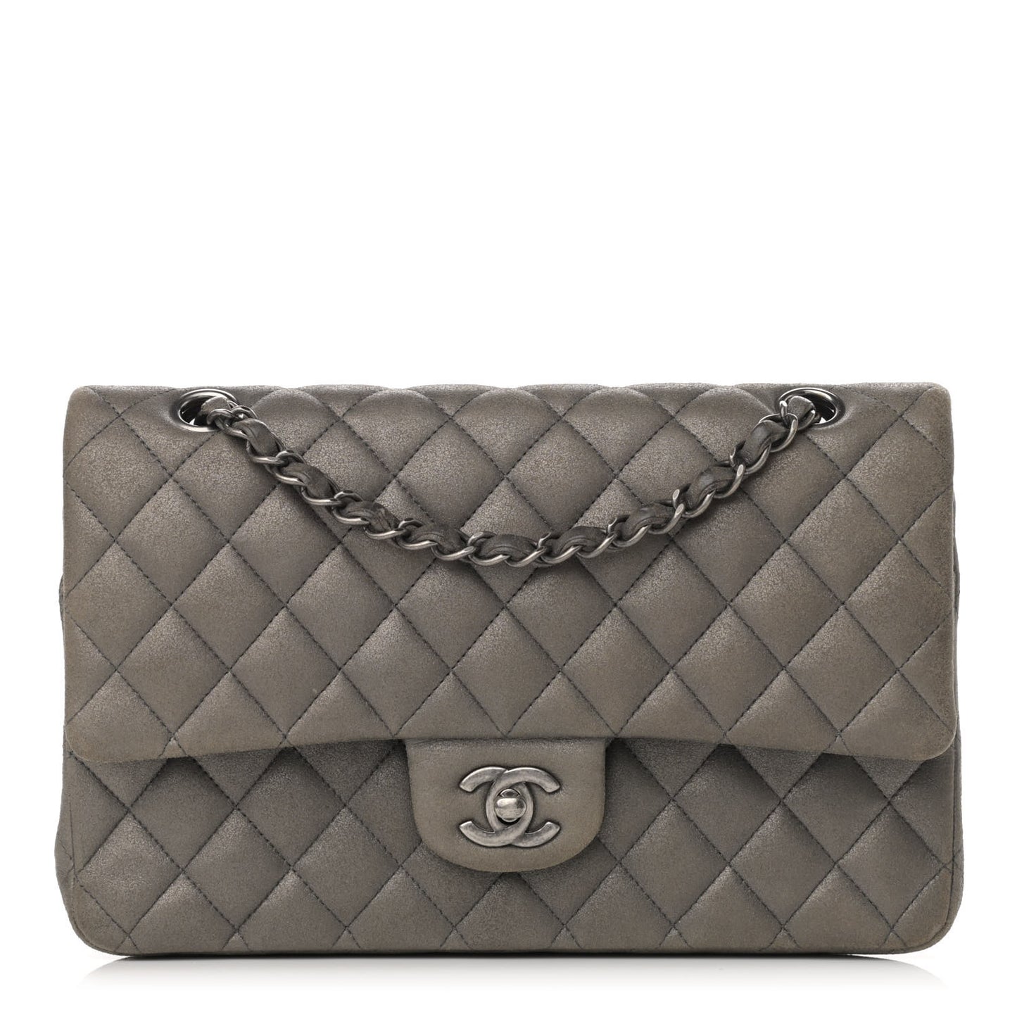 Metallic Lambskin Quilted Medium Double Flap Pewter