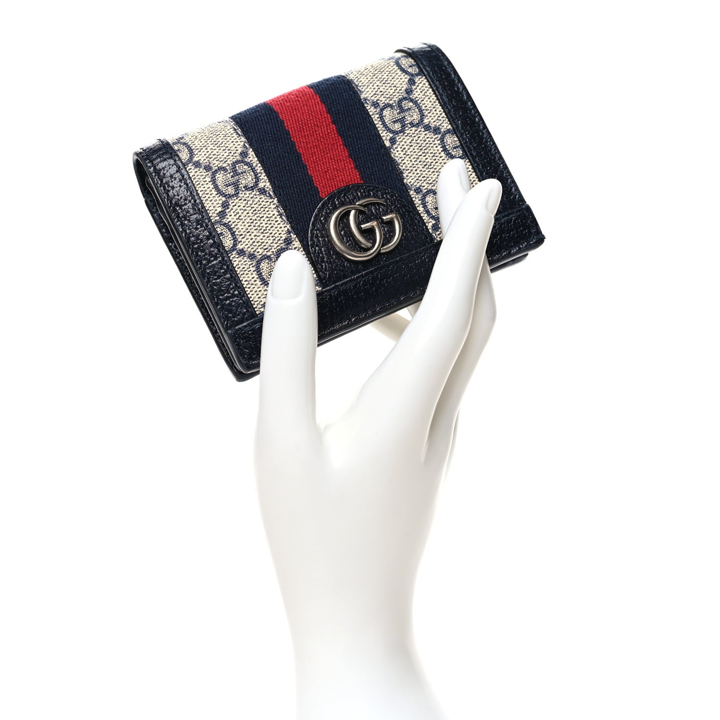 GG Supreme Monogram Textured Dollar Calfskin Web Ophidia Card Case Beige Blue