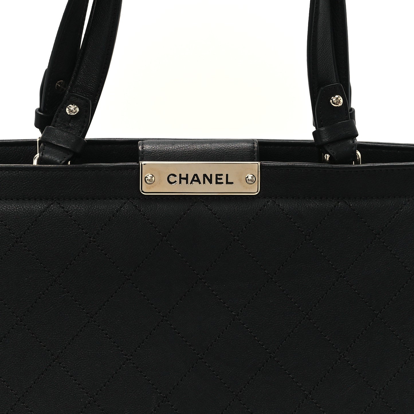 Grained Calfskin Stitched Large Label Click Shopper Tote Black