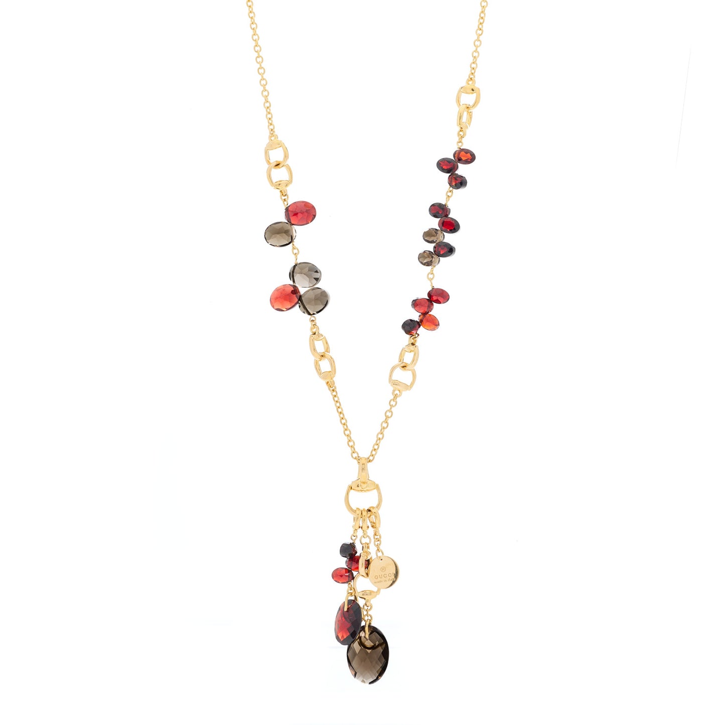 18K Yellow Gold Garnet Smoky Quartz Horsebit Link Pendant Necklace