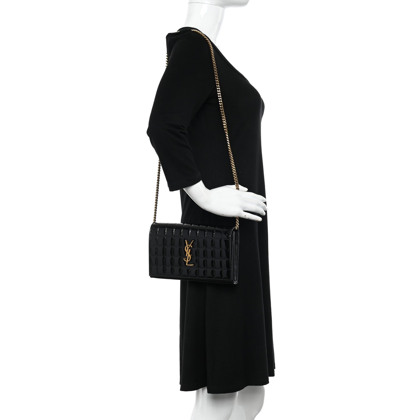 Patent Carre Quilted Cassandre Chain Wallet Black