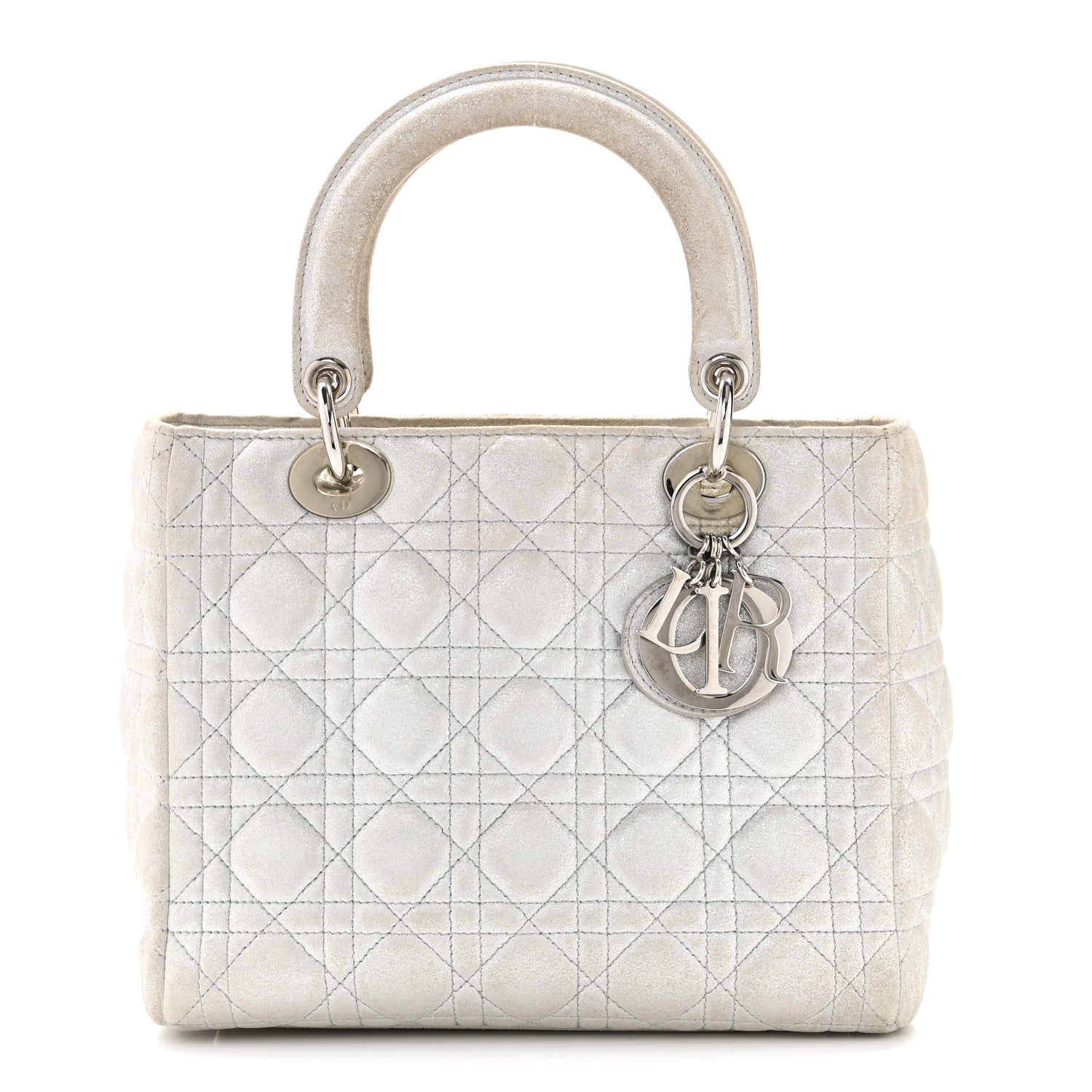 DIOR シルバー925 Christian Dior Metallic Nubuck Cannage Medium Lady Dior Silver