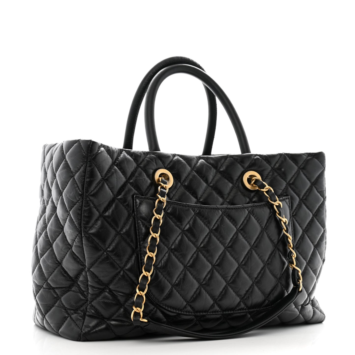 Aged Calfskin Quilted Large Coco Handle Shopping Tote Black