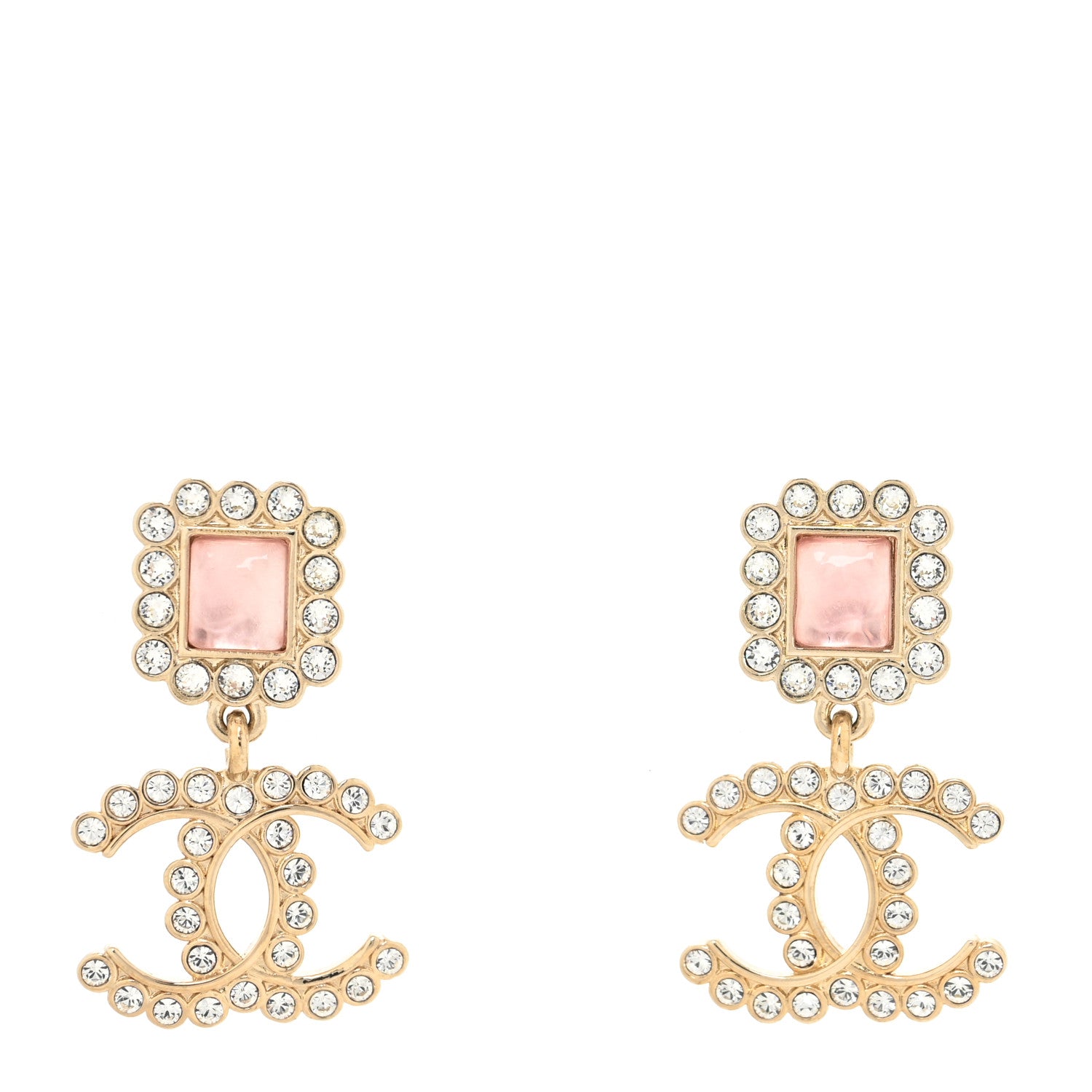 Chanel Metal Square Crystal Pearl CC Drop Earrings Pink Gold 1 of 4