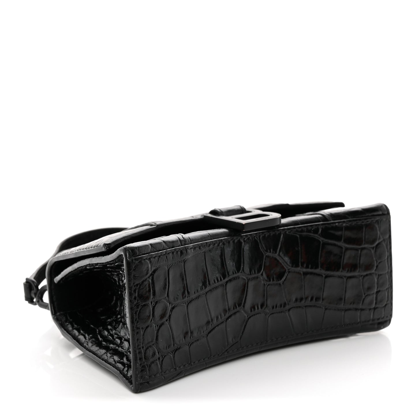 Shiny Calfskin Monochrome Crocodile Embossed Hourglass Top Handle Bag XS Black