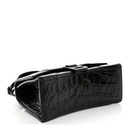 Balenciaga Shiny Calfskin Monochrome Crocodile Embossed Hourglass Top Handle Bag XS Black 4 of 17