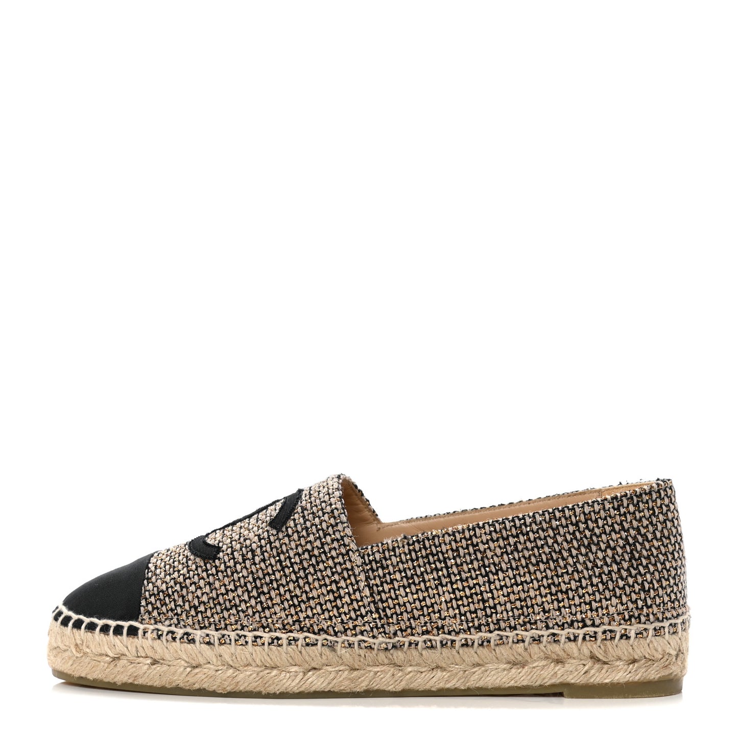 Tweed Grosgrain CC Espadrilles 39 Gold Beige Black
