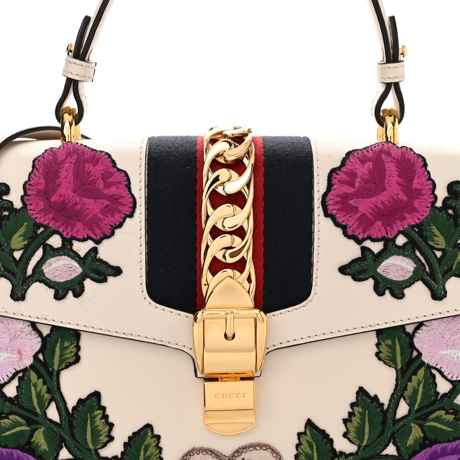 Gucci Calfskin Floral Medium Sylvie Top Handle Bag Off White 8 of 16