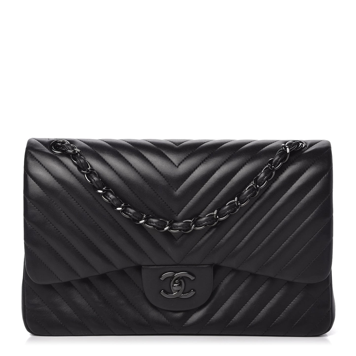 Lambskin Chevron Quilted Jumbo Double Flap So Black