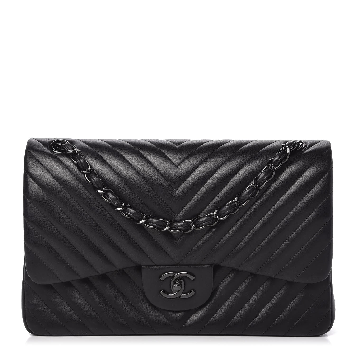 Chanel Lambskin Chevron Quilted Jumbo Double Flap So Black 1 of 10