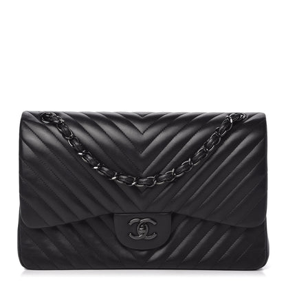 Chanel Lambskin Chevron Quilted Jumbo Double Flap So Black 1 of 10