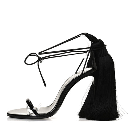 Saint Laurent Tassel Embellished Calfskin Ankle-Wrap Sandals 35 Black 1 of 10