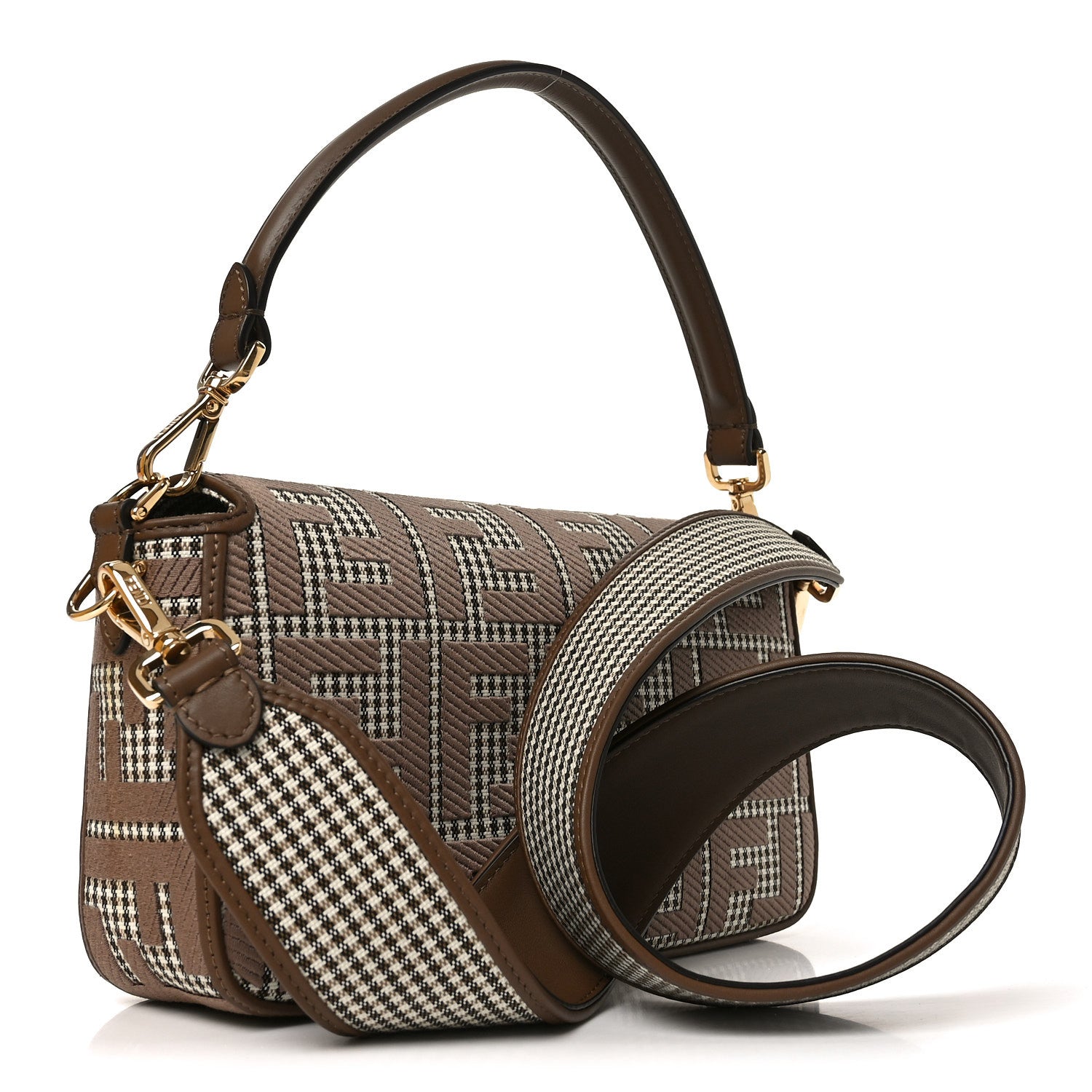 Fendi Wool Vitello King Houndstooth FF Embroidered Baguette Beige