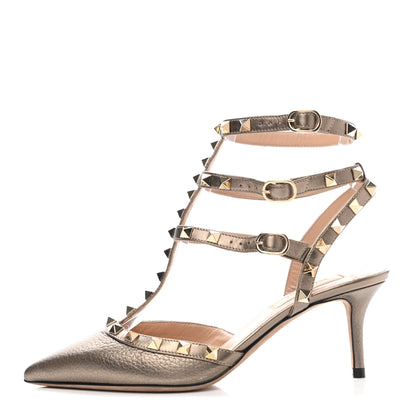 Valentino Garavani Metallic Pebbled Calfskin Rockstud Ankle Strap 65mm Pumps 37 Sasso 1 of 8