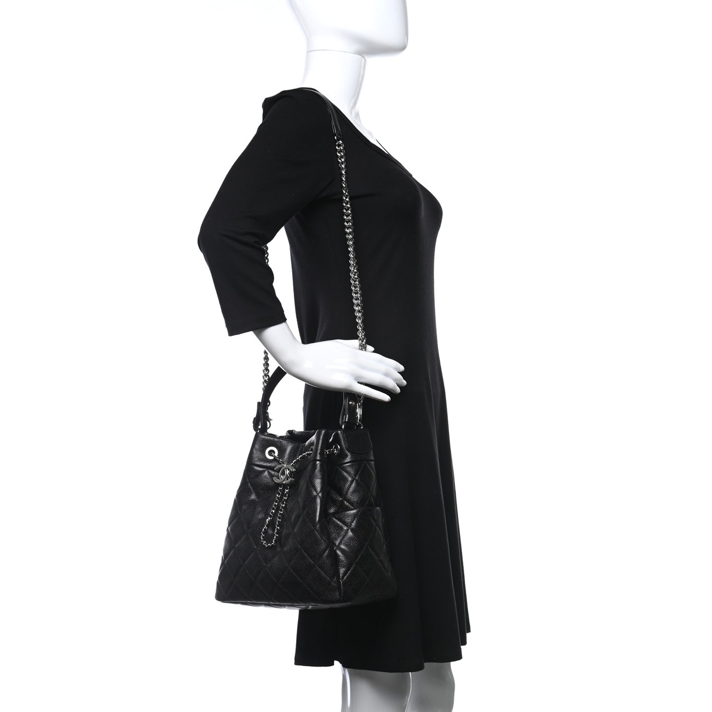 Caviar Flat Quilted CC Chain Bucket Drawstring Bag Black