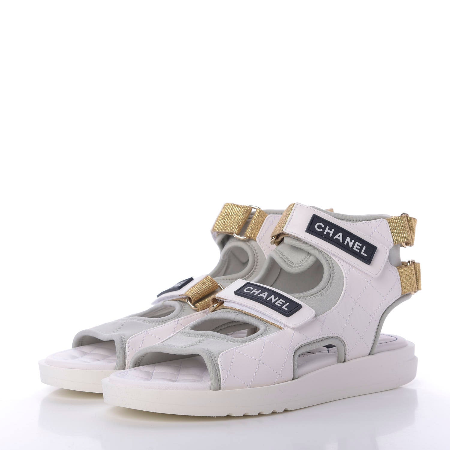 Chanel Goatskin Fabric Gladiator Sandals 38.5 White Light Grey Navy Blue 3 of 10