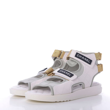 Chanel Goatskin Fabric Gladiator Sandals 38.5 White Light Grey Navy Blue 3 of 10