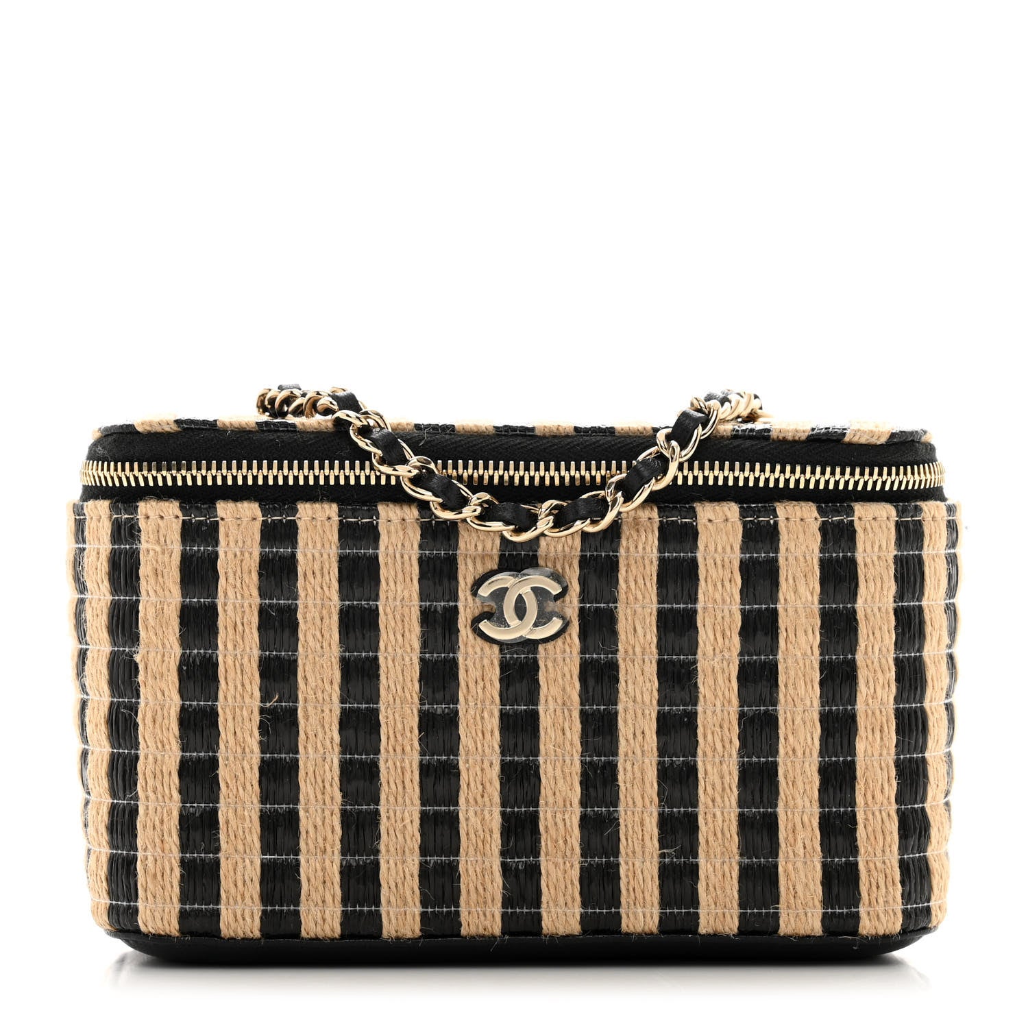Chanel Raffia Jute Striped Small Vanity Case With Chain Black Beige 1 of 10