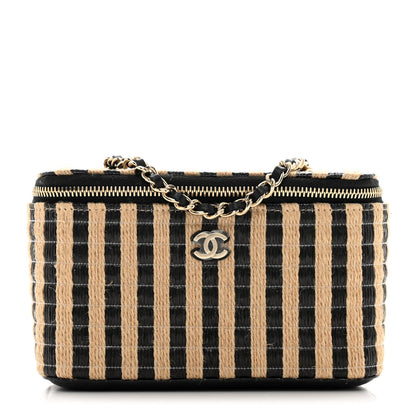 Chanel Raffia Jute Striped Small Vanity Case With Chain Black Beige 1 of 10