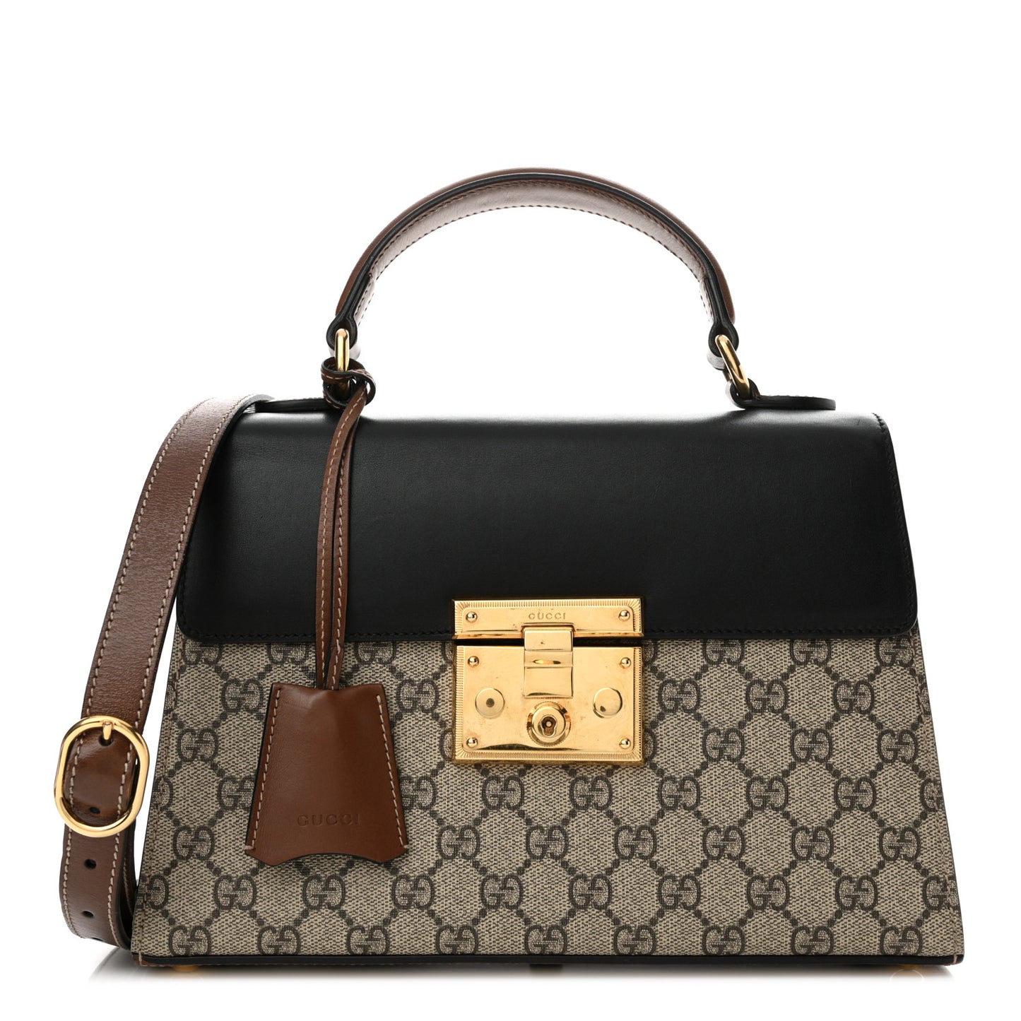 GG Supreme Monogram Calfskin Small Padlock Top Handle Bag Beige Black Cuir