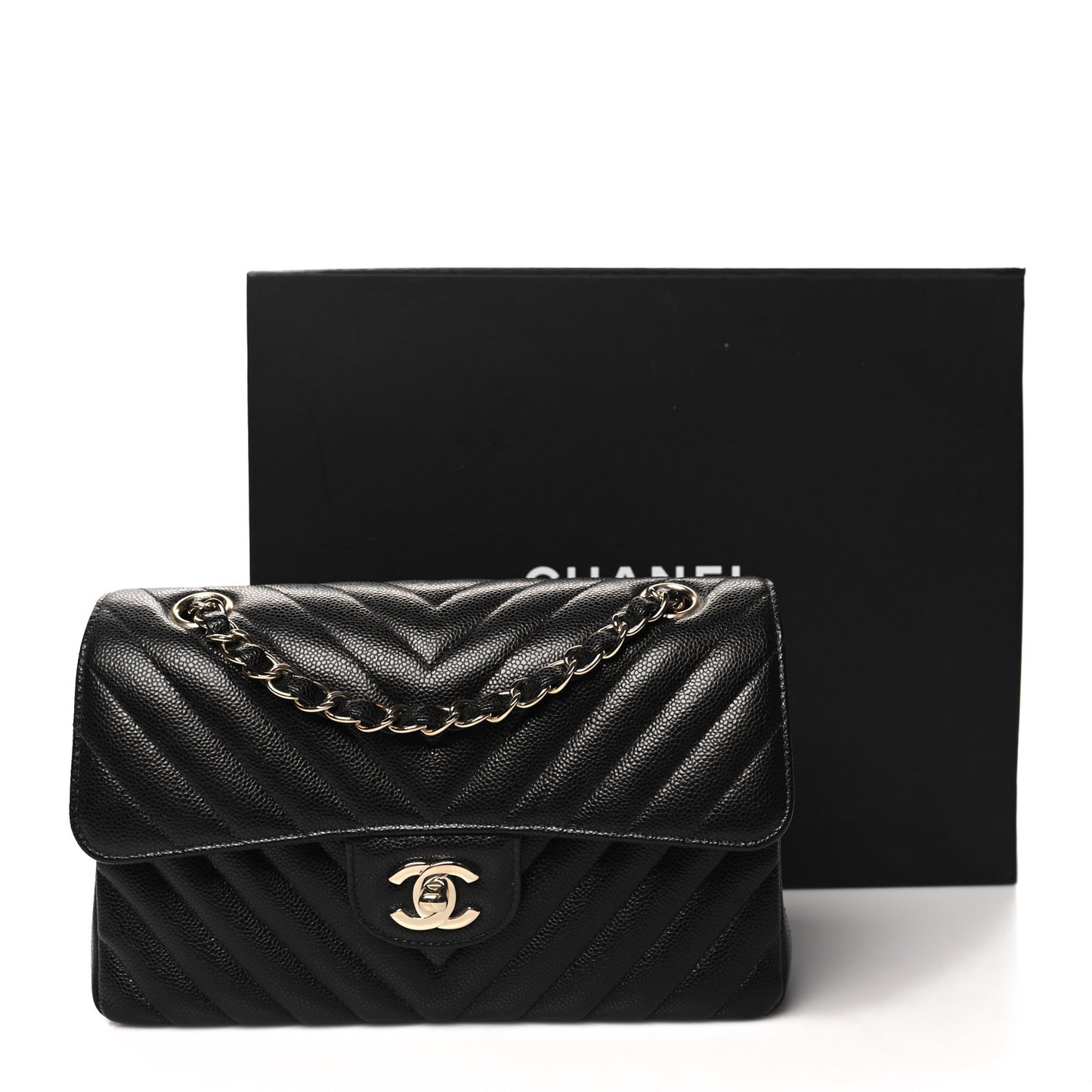 Caviar Chevron Quilted Small Double Flap Black
