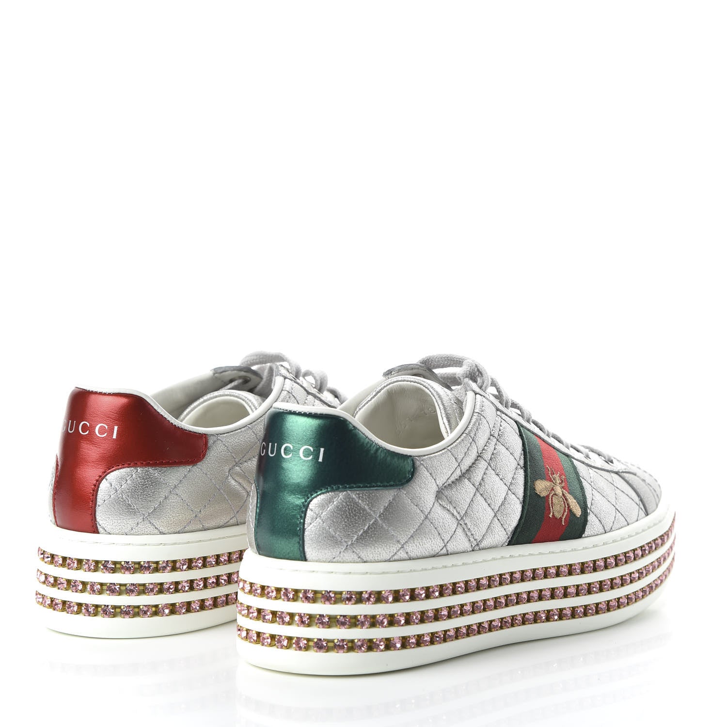 Gucci Laminated Nappa Crystal Web Bee Embroidered Trapuntata Womens Ace Platform Sneakers 36 Argento 4 of 9