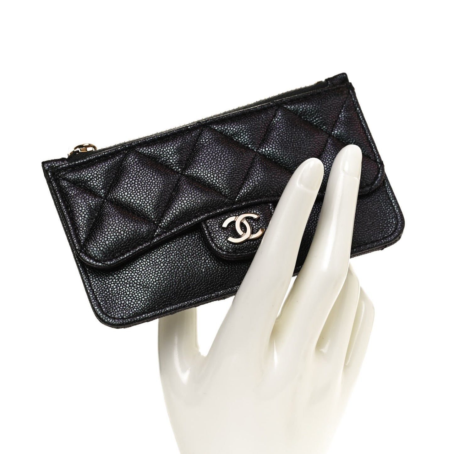 Iridescent Caviar Quilted Flap Zip Card Holder Black