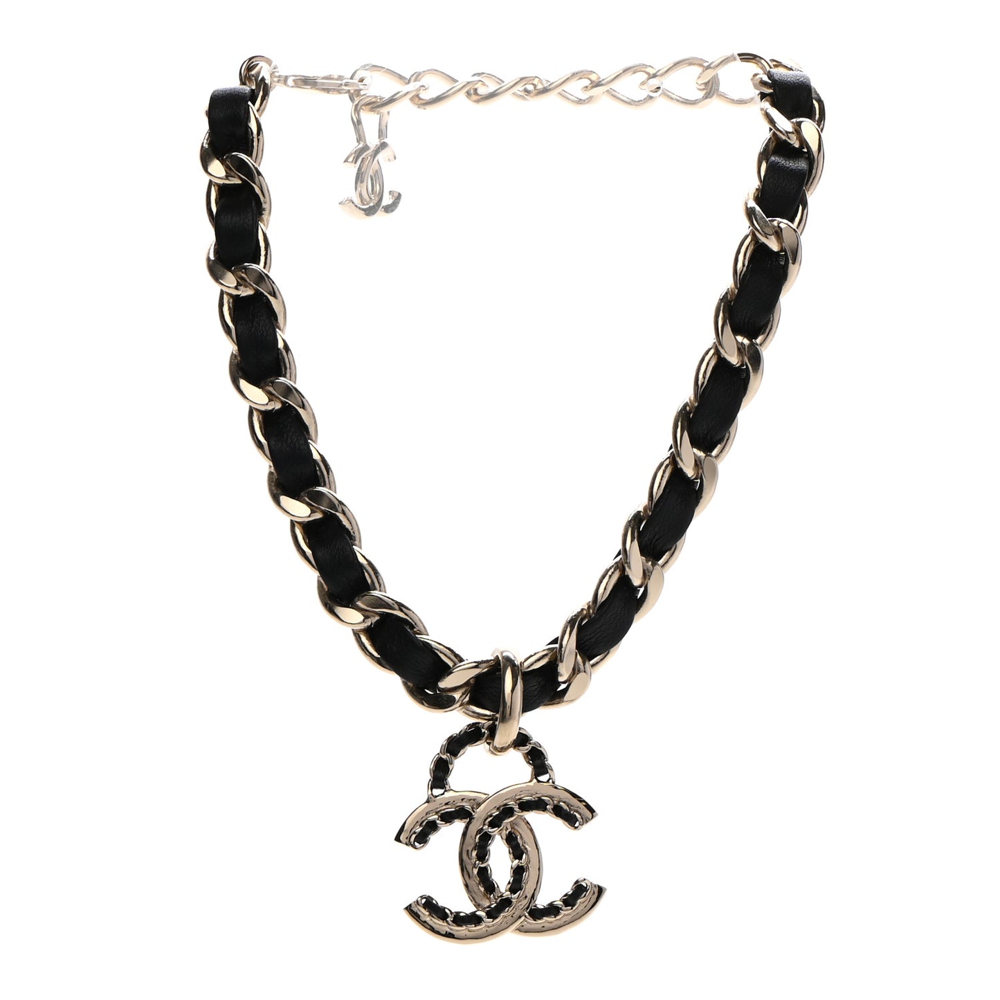 Metal Lambskin Chain CC Choker Necklace Black Gold