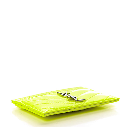 Saint Laurent Patent Grain De Poudre Matelasse Chevron Monogram Credit Card Case Neon Yellow 4 of 9