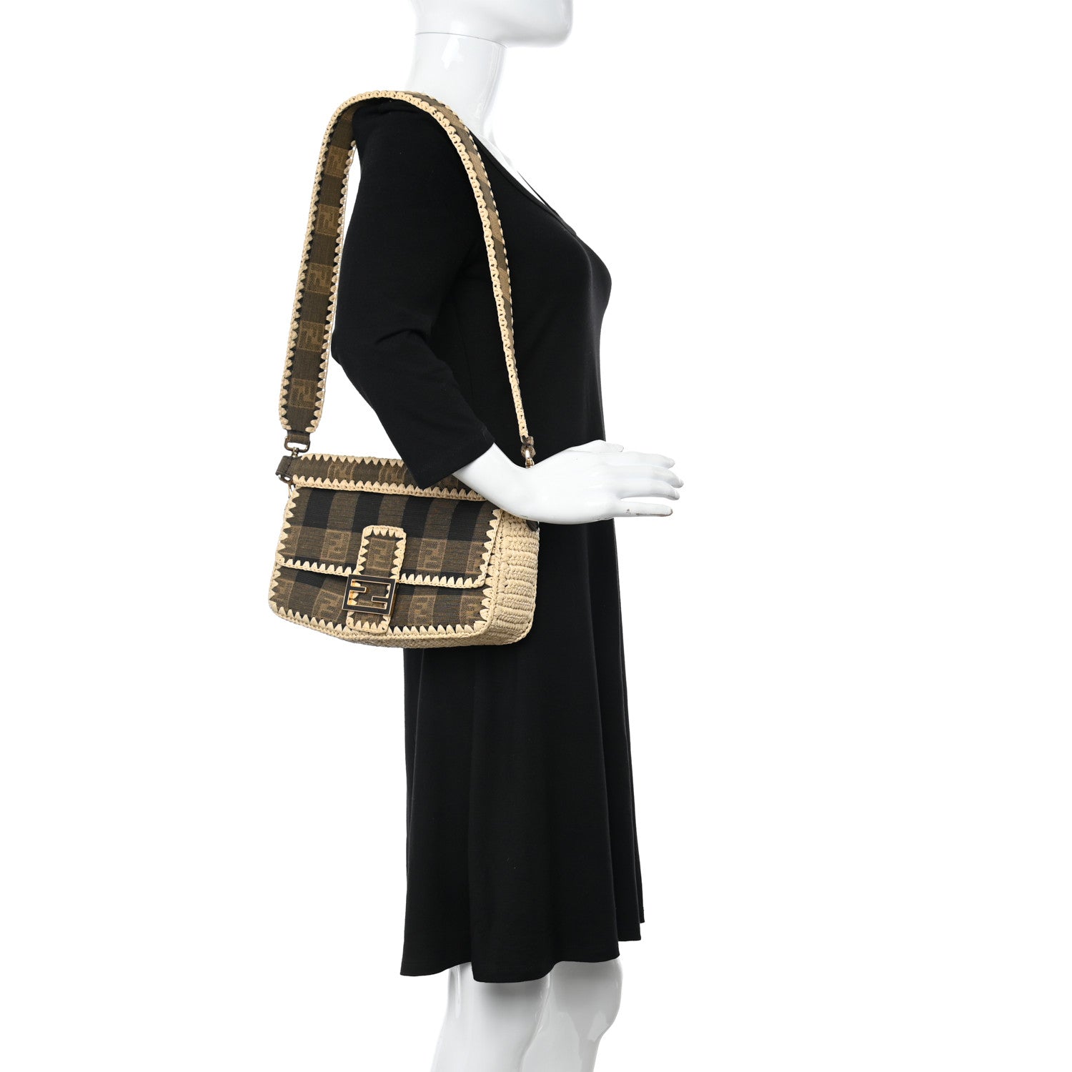 Fendi Fabric Jacquard Raffia Straw Pequin Gingham Woven Baguette Beige Black Natural 2 of 10