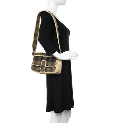 Fendi Fabric Jacquard Raffia Straw Pequin Gingham Woven Baguette Beige Black Natural 2 of 10