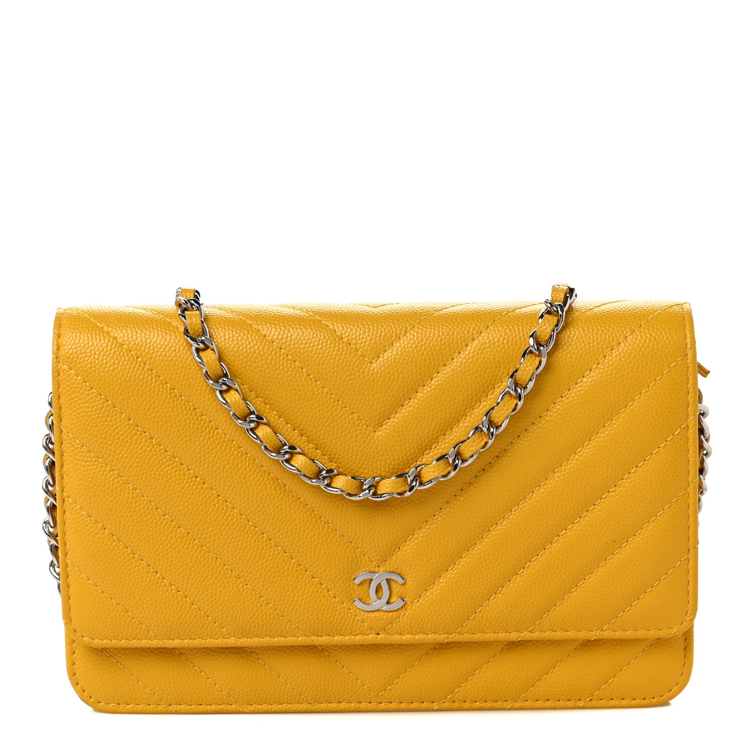 Chanel Caviar Chevron Quilted Wallet On Chain WOC Yellow 1 of 9