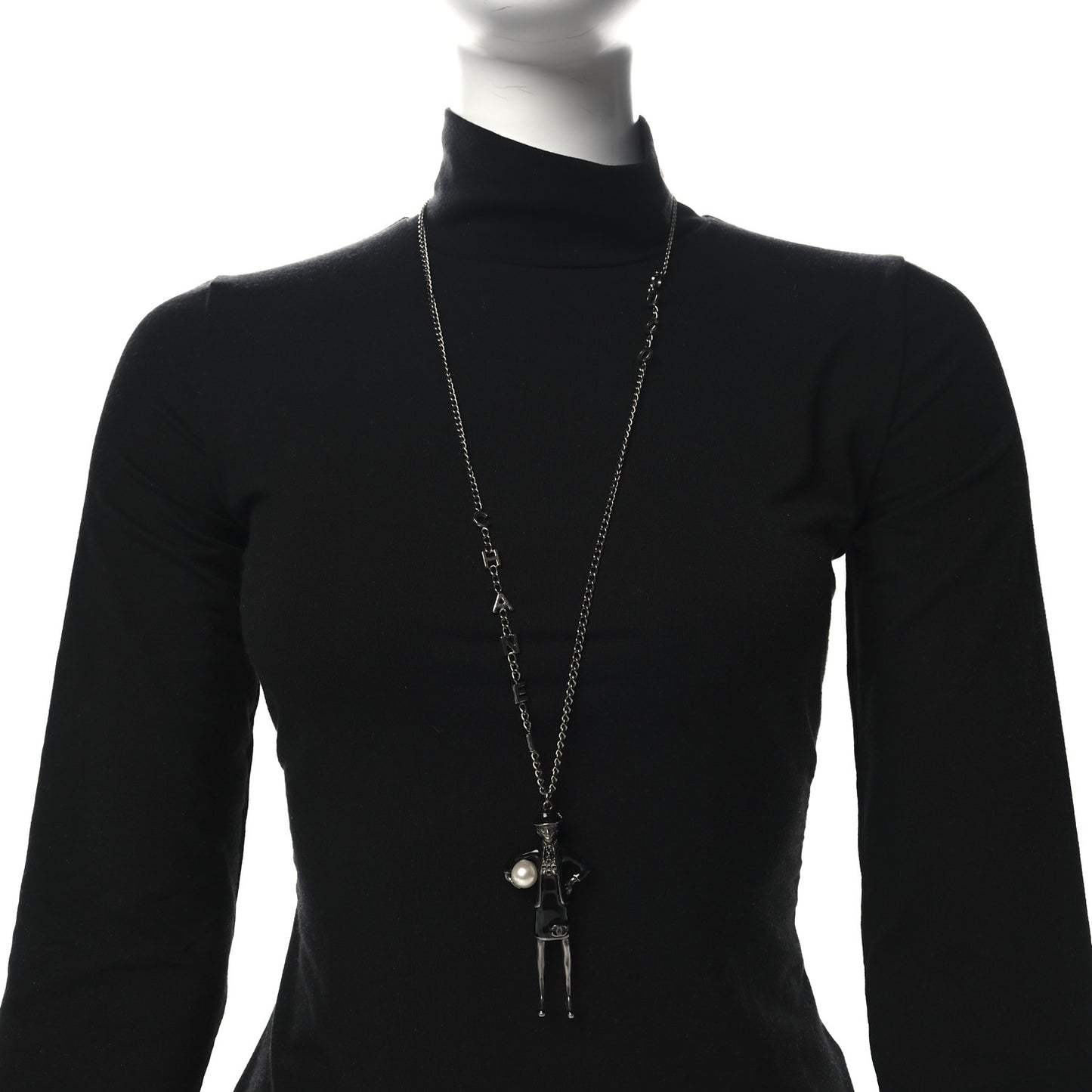Black Enamel Pearl Ruthenium Madame Coco CC Pendant Necklace Black