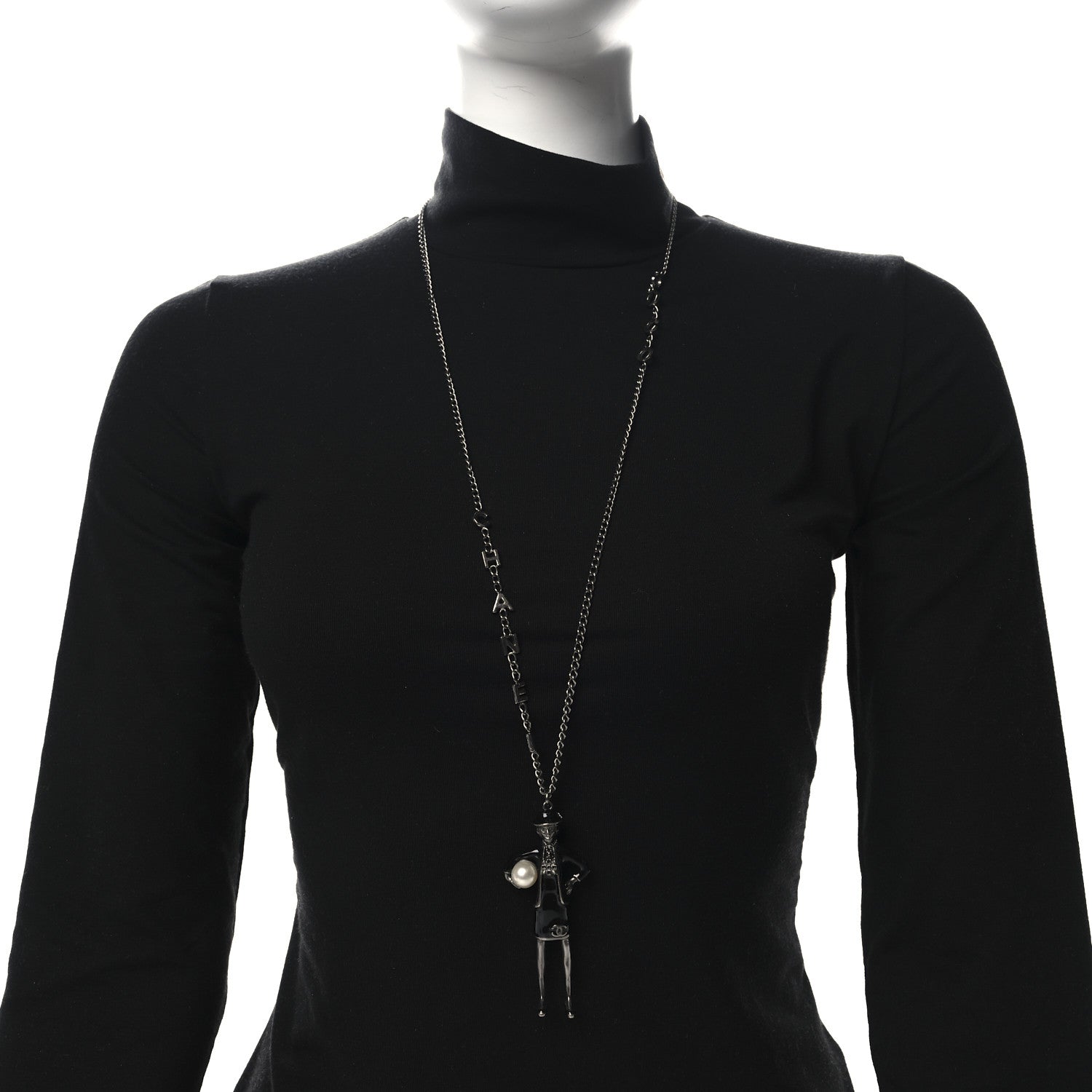 Chanel Black Enamel Pearl Ruthenium Madame Coco CC Pendant Necklace Black 2 of 4