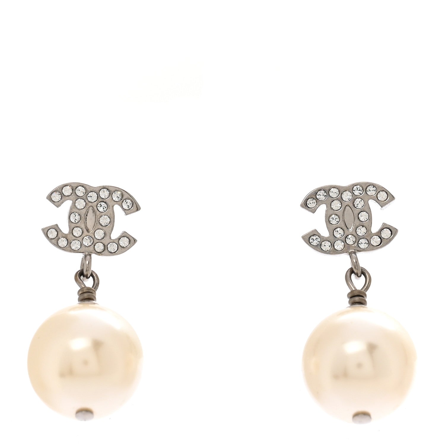 Chanel Crystal Pearl CC Drop Earrings Silver Pearly White 1 of 5