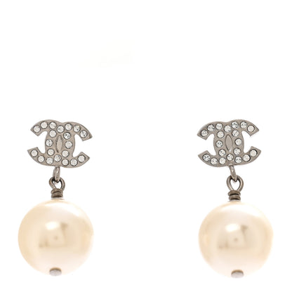 Chanel Crystal Pearl CC Drop Earrings Silver Pearly White 1 of 5