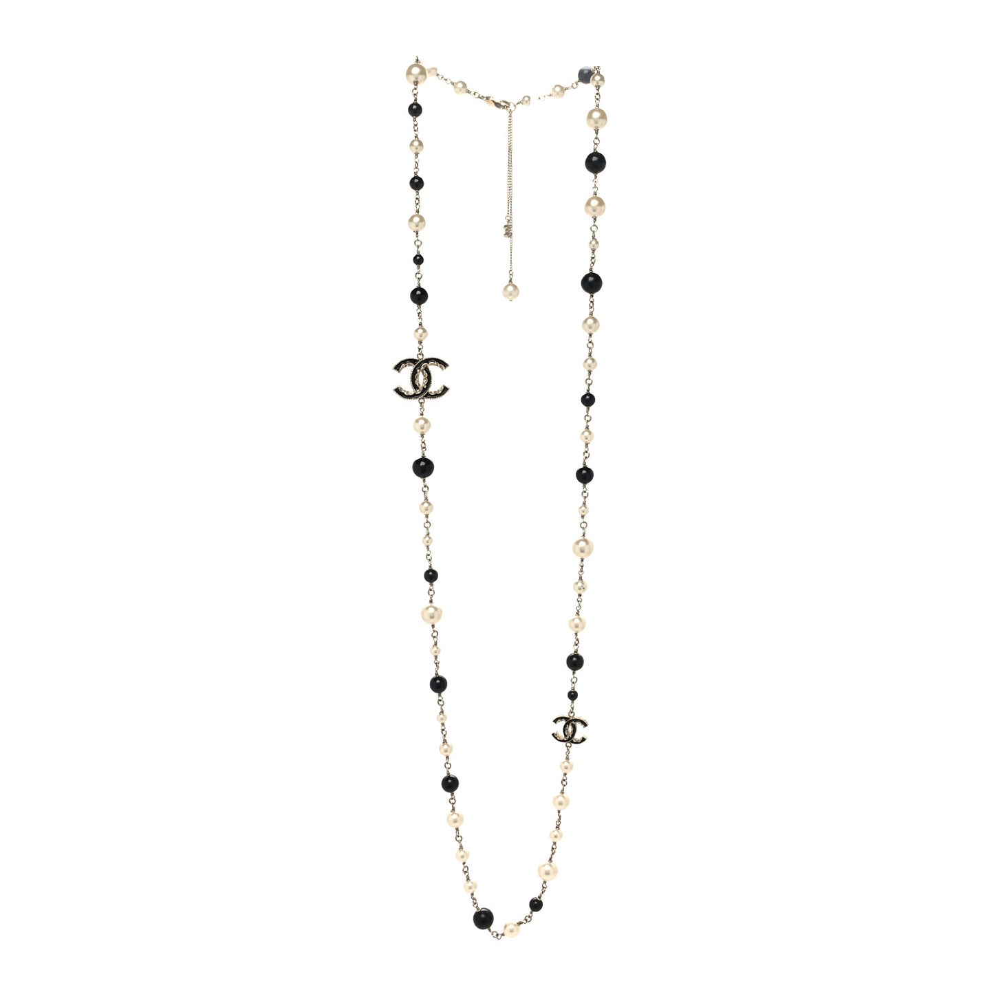 Pearl Beaded Crystal CC Long Necklace Gold Black White
