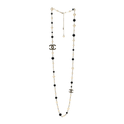Chanel Pearl Beaded Crystal CC Long Necklace Gold Black White 3 of 5