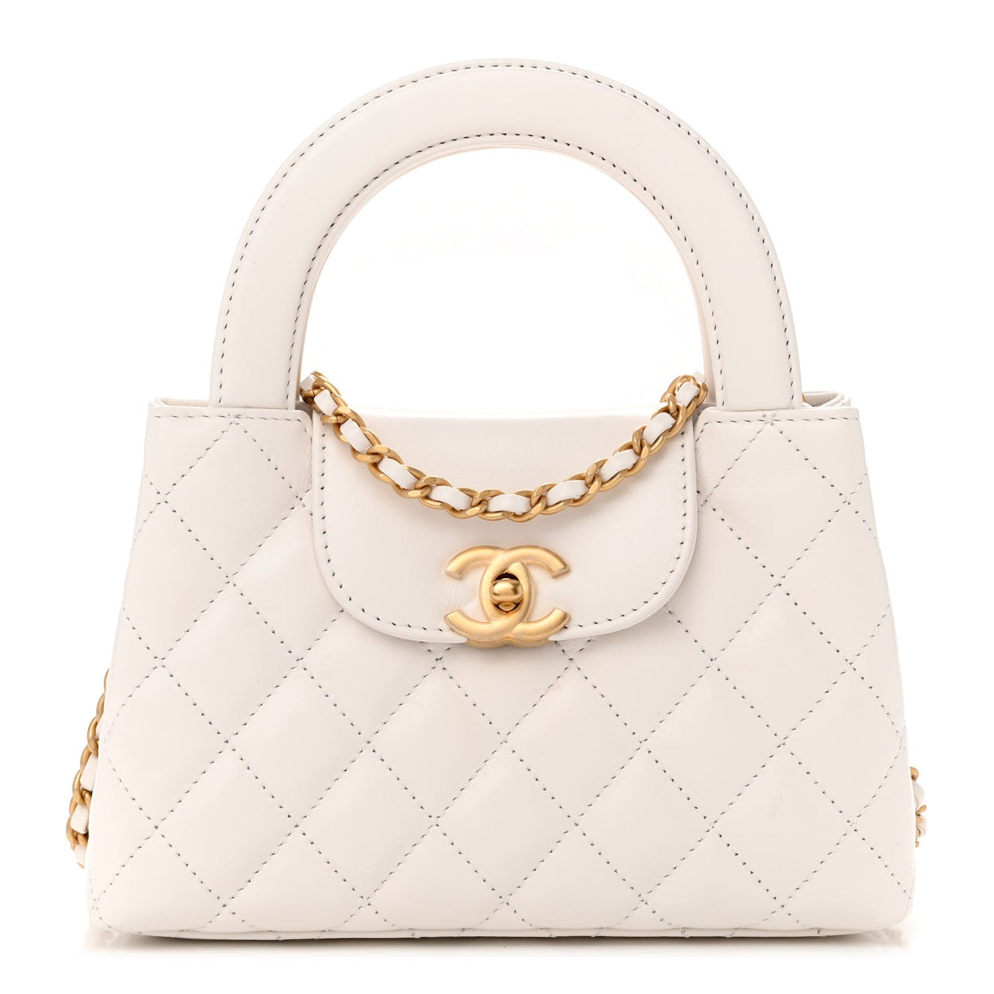 Shiny Aged Calfskin Quilted Nano Kelly Shopper White