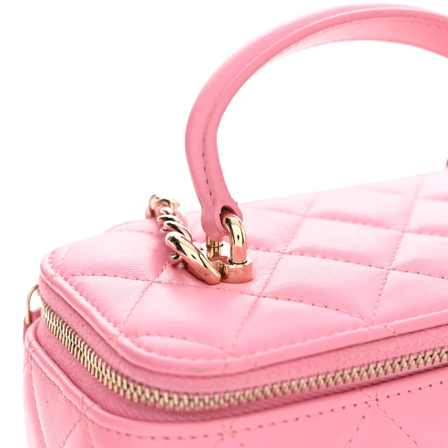 Lambskin Quilted Small Top Handle Vanity Case With Chain Pink