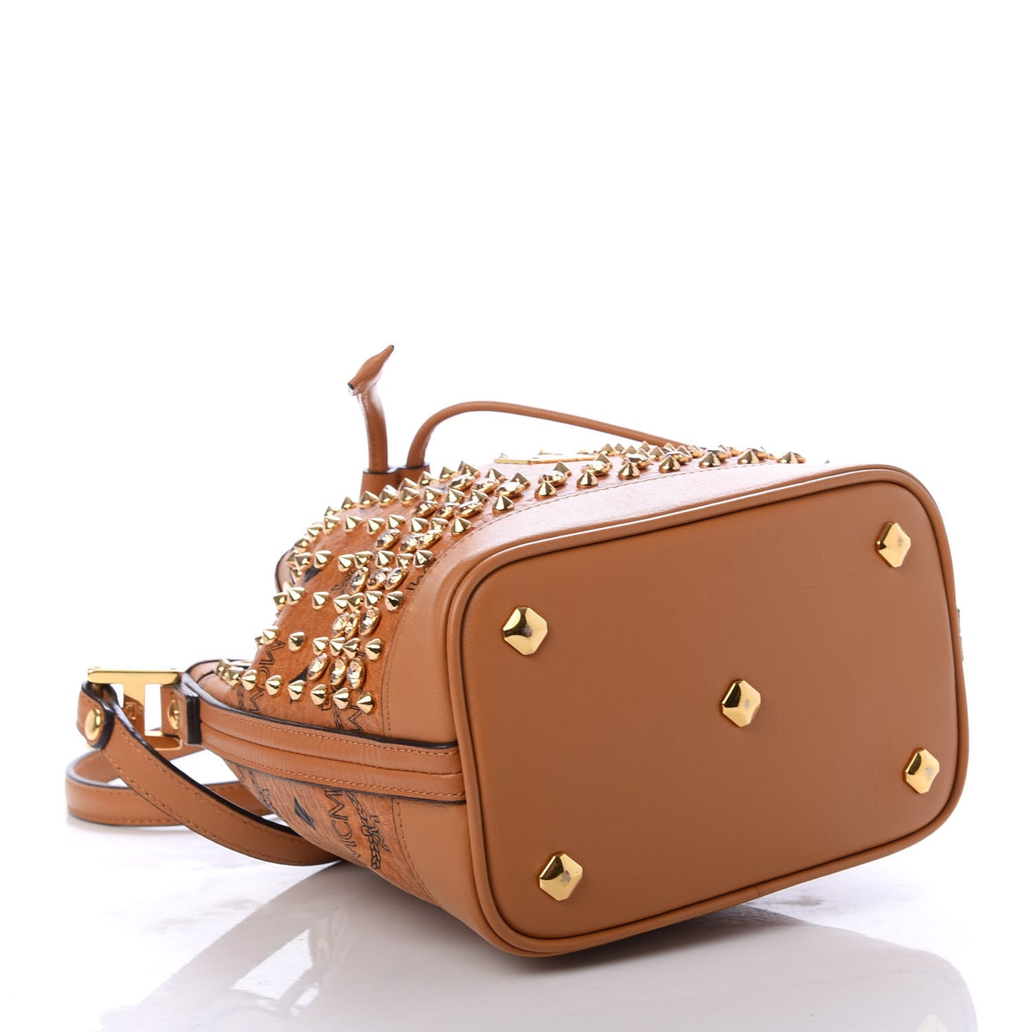 Visetos Swarovski Crystal Studded Mini Drawstring Bucket Bag Cognac