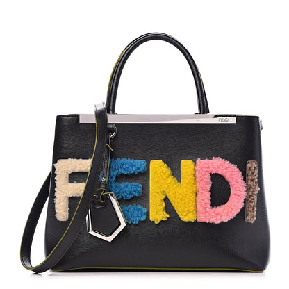 Fendi Vitello Elite Shearling Block Letter Petite 2Jours Tote Black 1 of 9
