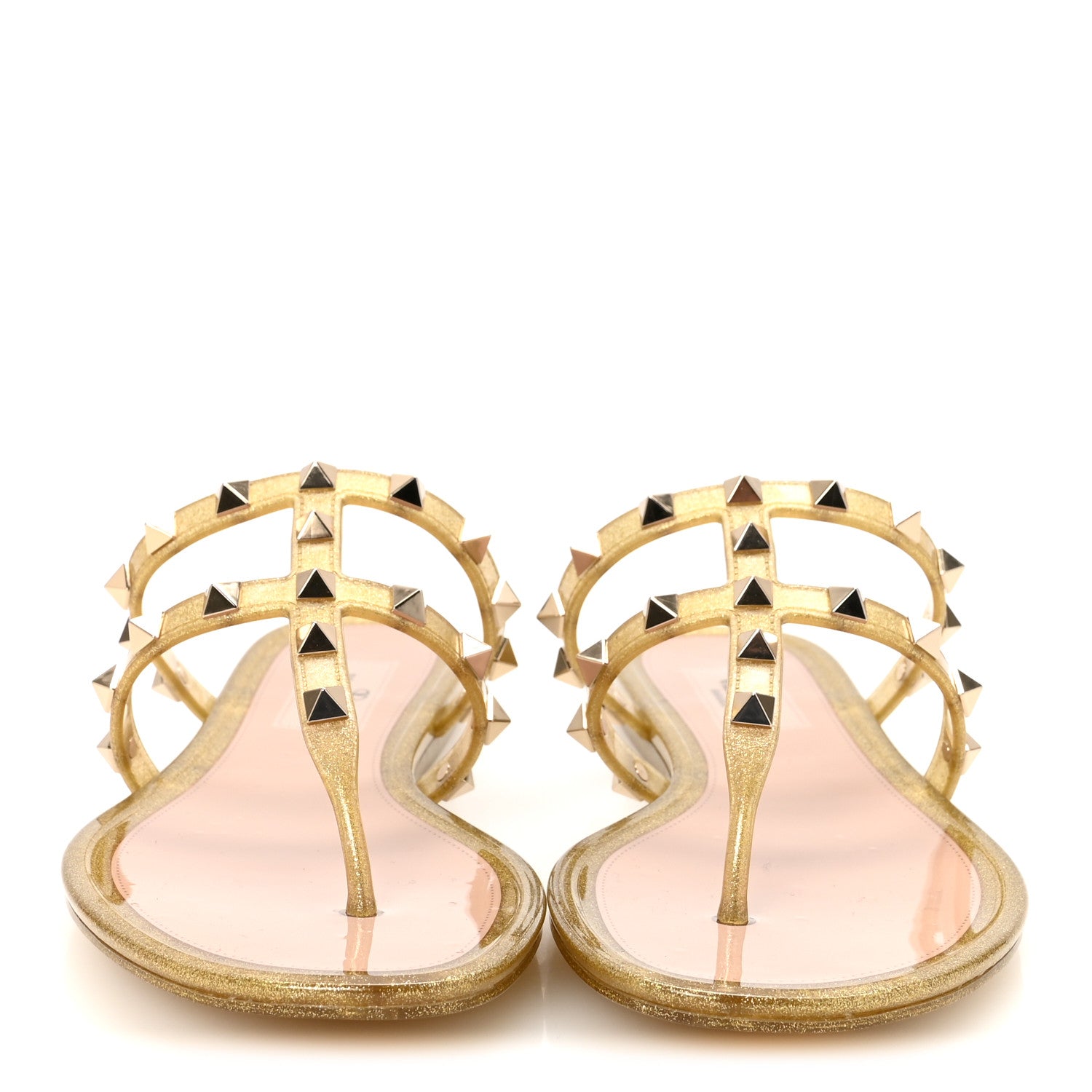 Valentino Garavani PVC Jelly Glitter Rockstud Caged Flat Thong Sandals 37 Oro 3 of 9